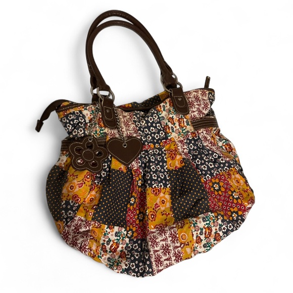 Vintage Handbags - Y2K Vintage Patchwork Floral Shoulder Bag Boho Fabric Purse w Heart Charms 16x13